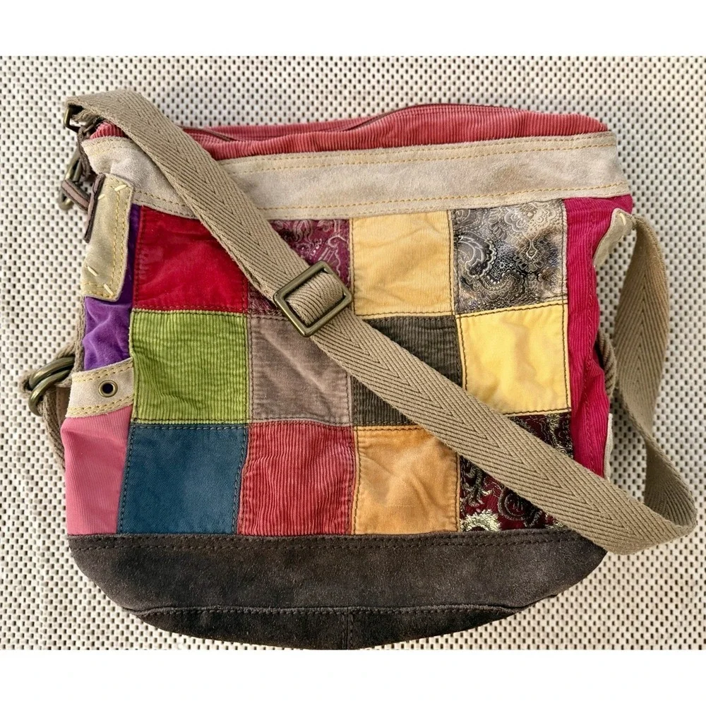 VTG Lucky Brand Corduroy Patchwork Boho Shoulder Bag large Crossbody Hobo Tote